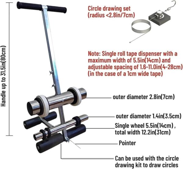 Floor tape applicator, court line tape machine Pickleball court concrete marking set, sports field marking machine, basketball court concrete, asphalt, road warning line set (with circle drawing set)
