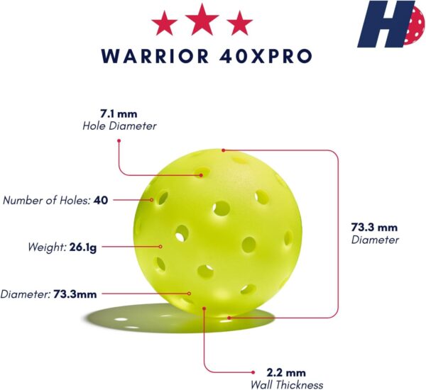 Hero Pickleball Warrior 40XPRO Veteran Owned - Durable Balls. Meets USA Pickleball Requirements. Works with All Paddles. Consistent Flight & Spin - 40 Machine-Drilled Holes
