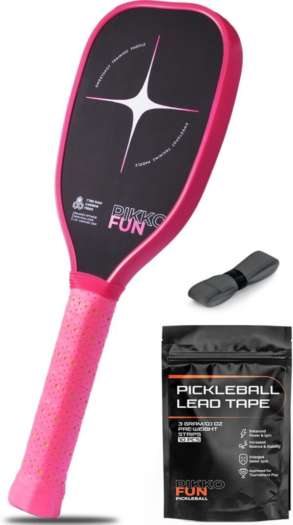 Pickleball Training Paddle, T700 Raw Carbon Fiber Surface, Pink Pickleball Trainer Paddle for Sweet Spot Practice, 16mm Quiet Core, Include 10 Lead Weight Bars & Grip Tape, 7'' Elongated Handle