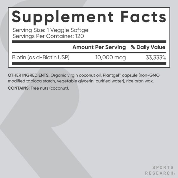 Sports Research® Biotin 10,000mcg with Organic Coconut Oil - Biotin (Vitamin B7) for Healthy Skin and Hair Support* - for Women and Men - Vegan, Non-GMO, Gluten & Soy-Free - 120 Veggie Softgels