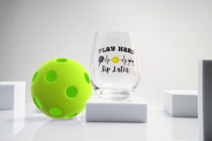Pickleball Stemless Wine Glass, Fun Novelty, 'Play Hard, Sip Later', BPA Free, Dishwasher Safe, holiday gift, Mother's Day gift, Perfect for fun, parties, white elephant