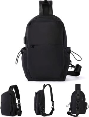Medium Black Black Sling Bag for Men and Women - Sport Crossbody Backpack for Pickleball, Tennis, Racketball