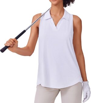 PINSPARK Womens Golf Shirt UPF 50+ Sleeveless Collared Shirts Quick Dry Tennis Polo V-Neck Racerback Athletic Workout Tank