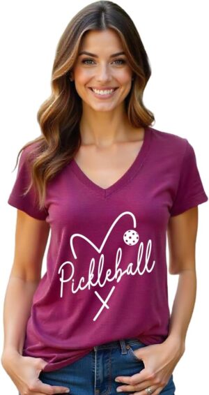 Pickleball V-Neck T-Shirt for Women Pickleball Lovers Heart Graphic Short-Sleeve Top