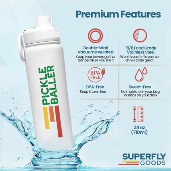 Pickle Baller Sports Water Bottle - Pickleball Insulated Stainless Insulated - Double Walled - 10 Hours Cold & 6 Hours Hot - Reusable Metal Water Bottle - Leak Proof - 1 Count