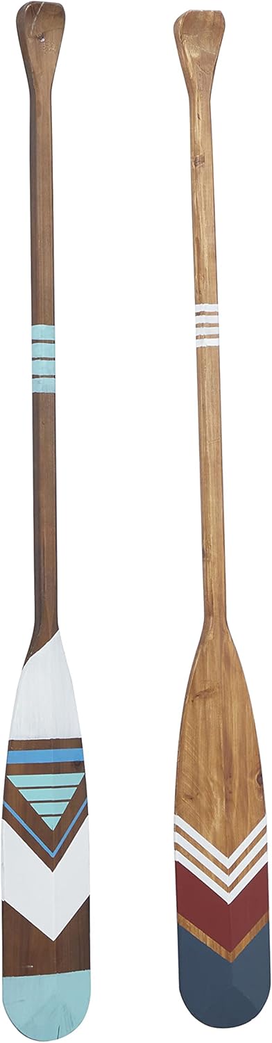 Deco 79 Wood Paddle Home Wall Decor Novelty Canoe Oar Wall Sculpture with Arrow and Stripe Patterns, Set of 2 Wall Art 6"W, 55"H, Multi Colored