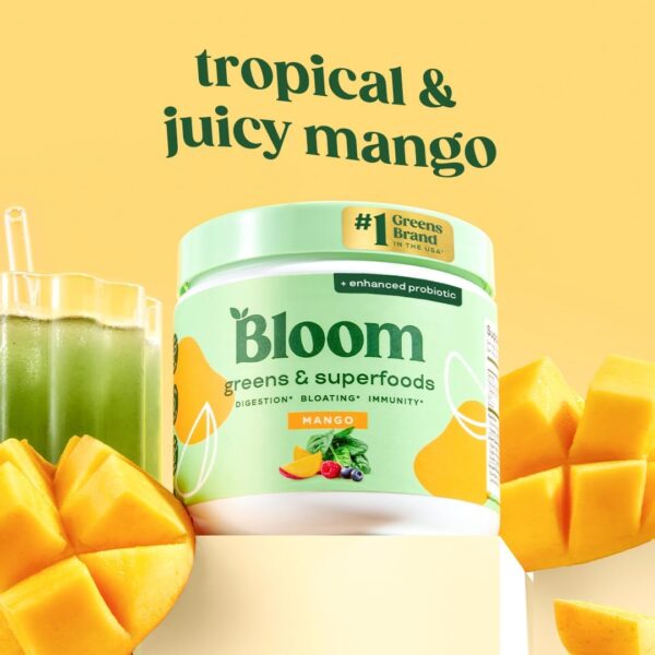 Bloom Nutrition Superfood Greens Powder, Digestive Enzymes with Probiotics and Prebiotics, Gut Health, Bloating Relief for Women, Chlorella, Green Juice Mix with Beet Root Powder, 30 SVG, Mango