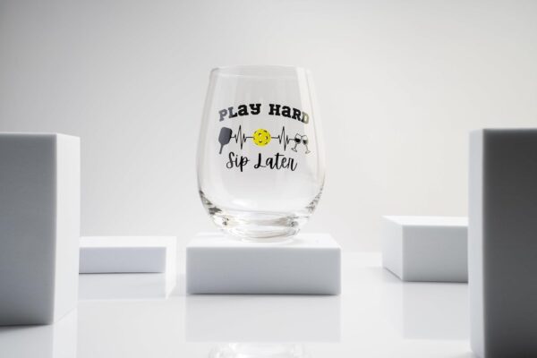 Pickleball Stemless Wine Glass, Fun Novelty, 'Play Hard, Sip Later', BPA Free, Dishwasher Safe, holiday gift, Mother's Day gift, Perfect for fun, parties, white elephant