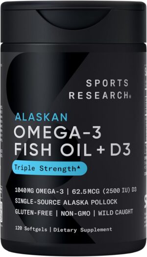 Sports Research Triple Strength 1040mg Omega-3 from Wild Alaska Pollock with Vitamin D3 2500iu | 2-in-1 Vitamin D & Omega DHA Fish Oil Supplement Supporting Heart Health - 120 Softgels