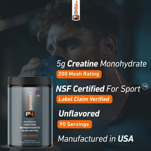 Proven4 Creatine Monohydrate Micronized Powder - NSF Certified for Sport® Supports Muscle Strength, Performance & Recovery from Exercise, Unflavored 16 Oz - 90 Servings