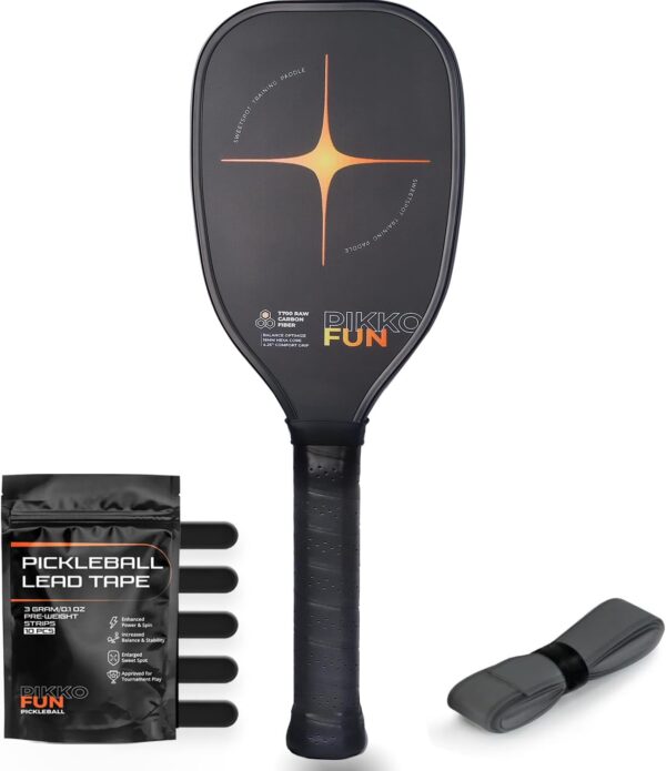 PIKKOFUN Pickleball Training Paddle Kit - Includes 10 Lead Bars & Overgrip for Customizable Weight - T700 Carbon Fiber Pickleball Trainer for Sweet Spot Practice - Extra Long Handle - 16mm Quiet Core