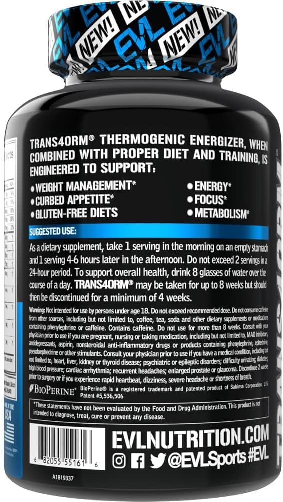 EVL Thermogenic Fat Burner Support - Fast Acting Weight Loss Energy and Appetite Support - Trans4orm Green Tea Supplement for Men and Women - 60 Servings