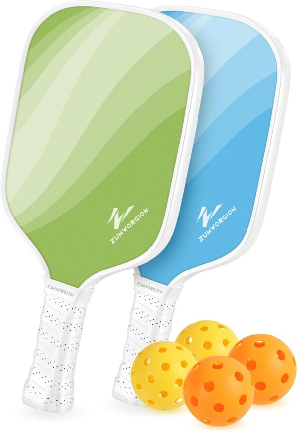 ZUMWORGION® Pickleball Paddles Set of 2/4: Fiberglass Pickle Paddles with Balls for Beginner - 8mm Honeycomb Core Lightweight Spin Surface for Kids - Cute Girly Pickle Gift for Women | 14mm 7oz