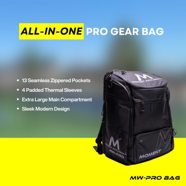 MOMENT MW-PRO Pickleball Bag | 2 Fence Hook Straps | 4 Pockets for Paddles, Balls, Shoes | Spacious Storage | Travel Ready
