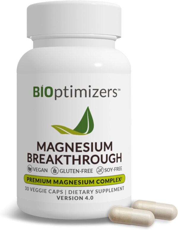BIOptimizers Magnesium Breakthrough Supplement 4.0-7 Forms of Mg: Glycinate, Malate, Citrate, and More - Natural Support for Sleep and Cognitive Function - 30 Capsules- Calming Vitamins Complex