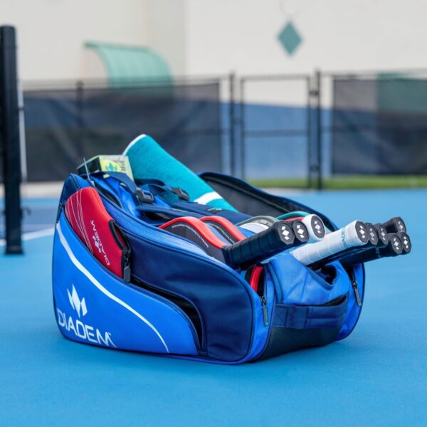 Diadem Tour V3 Paddle Backpack Bag - Spacious Pickleball Gear Bag with 10 Paddle Capacity | Shoe Compartment | Neoprene Side Pockets | Stylish and Durable | Blue with White Trim