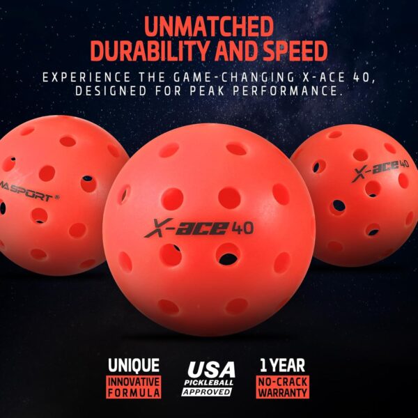 AMA Sport X-ACE Pickleballs - 40 Hole Outdoor Pickleball Balls- Crack-Resistant ONE Piece Balls - 100% POP for Immediate Feedback - Quick Start Tech and Advanced Performance