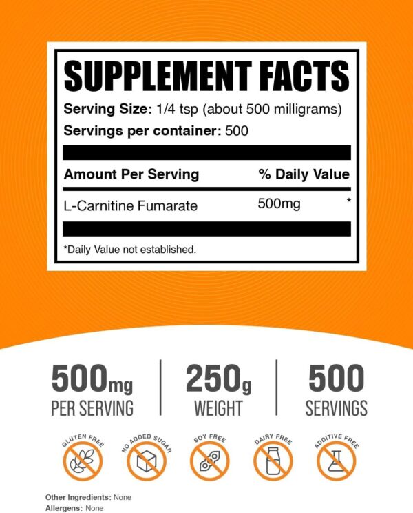 BulkSupplements.com L-Carnitine Fumarate Powder - Carnitine Supplement, Sports Nutrition, L-Carnitine 500mg - Gluten Free, 500mg per Serving, Gluten Free, 250g (8.8 oz) (Pack of 1)