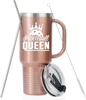 Onebttl Pickleball Gifts for Women, Gifts for Pickleball Lovers, Insulated 40oz Stainless Steel Tumbler with Handle and Straw Lid, Pickleball Accessories, Pickleball Queen, Rose Gold