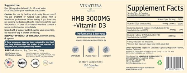 HMB 3000mg and Vitamin D3 Supplement Capsules per Serving *USA Made & Tested* Promotes Muscle Growth & Recovery - HMB Supplement and Vitamin D3 (1600 IU) - 120 Capsules 30 Servings