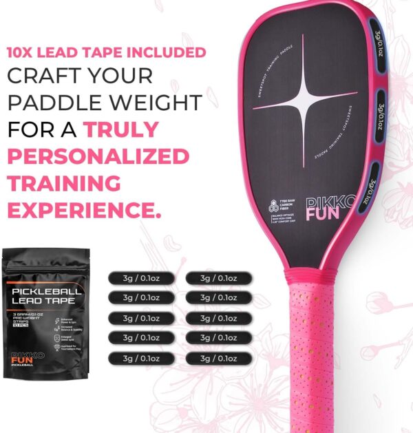 Pickleball Training Paddle, T700 Raw Carbon Fiber Surface, Pink Pickleball Trainer Paddle for Sweet Spot Practice, 16mm Quiet Core, Include 10 Lead Weight Bars & Grip Tape, 7'' Elongated Handle