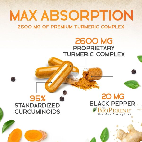 Turmeric Curcumin Supplement 2600mg with Black Pepper Extract 95% Curcuminoids - High Absorption Ultra Potent Turmeric Capsules with BioPerine, Nature's Tumeric Pills for Joint Support - 180 Capsules
