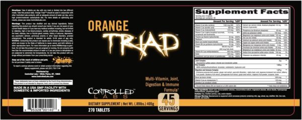 CONTROLLED LABS Orange Triad Daily Multivitamin, Iron Free Sports Supplement for Workout, Digestion, Immune, and Joints, 45 serv - Tablets