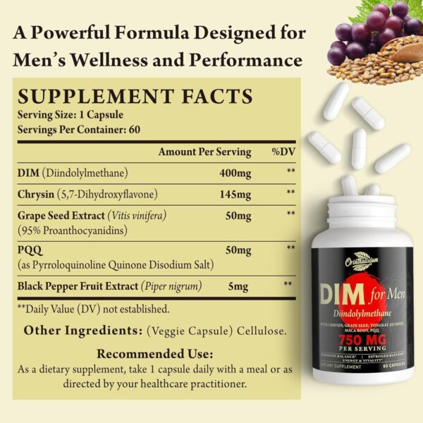 DIM for Men 750MG – Hormone Balance, Estrogen Support for Men, DIM Supplement, Detox, Vitality & Fitness Performance–Chrysin & Black Pepper Extract, 60 Capsules (2 Bottle)