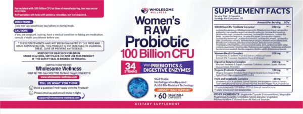 Wholesome Wellness Dr. Formulated Raw Probiotics for Women 100 Billion CFUs Capsules with Prebiotics, Digestive Enzymes, Approved for Adults, Shelf Stable Supplement