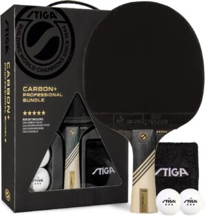 STIGA Carbon+ Bundle Ping Pong Paddle Set – 7-ply Extra Light Carbon Fiber Blade – 2mm Premium Sponge – Concave Pro Handle – 2 3-Star Tournament Balls – Neoprene Racket Cover – Player Wristband