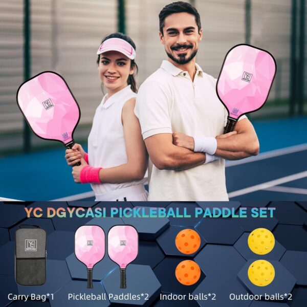 YC DGYCASI Pickleball Paddles Set of 2, 2025 USAPA Approved Fiberglass Pickleball Set, Lightweight Pickle Ball Rackets 2 Pack, 2 Outdoor Pickleball Balls, 2 Indoor Balls, 1 Bag, Pink