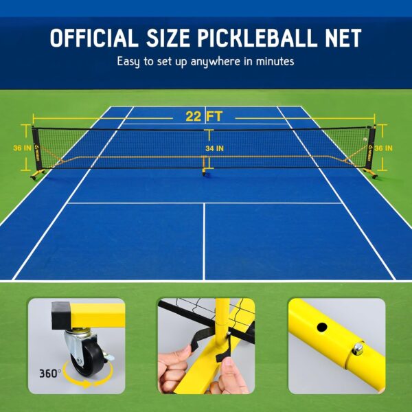 Pickleball Net Set with Wheels and Pickleball Court Marking Kit 22 FT Regulation Size Portable Pickleball Nets with Net Tension Adjuster, 8 Sandbags for Outdoor Indoor Driveway