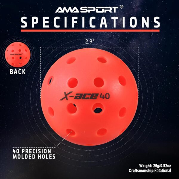 AMA Sport X-ACE Pickleballs - 40 Hole Outdoor Pickleball Balls- Crack-Resistant ONE Piece Balls - 100% POP for Immediate Feedback - Quick Start Tech and Advanced Performance
