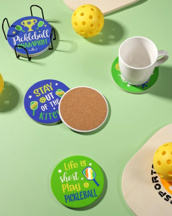 Pickleball Gifts for Women Men Pickleball Lovers 6Pcs Coasters for Drinks Absorbent Ceramic Stone Coasters with Metal Holder Stand Cup Placemat Funny Christmas Pickleball Gift Idea Home Decor