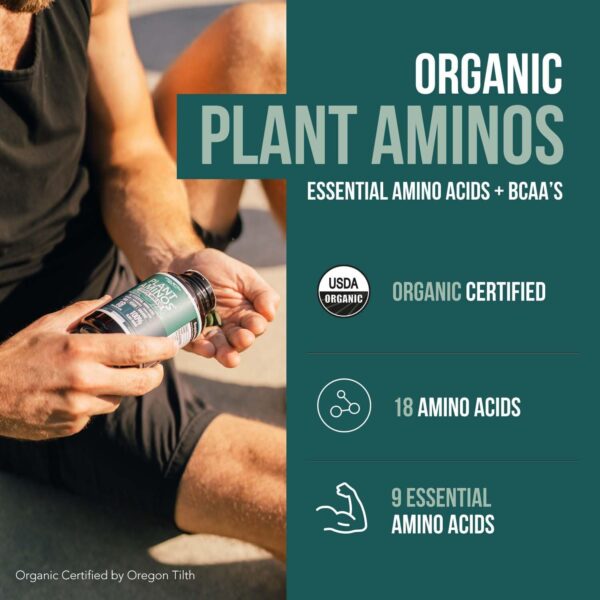 Plant Aminos Organic Essential Amino Acids (EAAs) & BCAA - 100% Plant-Based Raw, Vegan - All 9 Amino Acids with 18 Total Amino Acids (360 Tablets)
