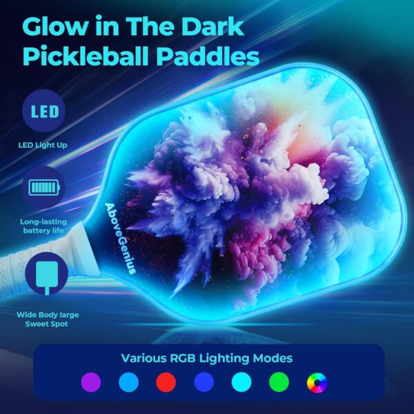 LED Light Up Pickleball Paddles Set of 2,2 Glow in The Dark Pickleball Paddles with Different RGB Color Lighting,2 Outdoor Balls,1 Carrying Bag,Pickleball Racket Gifts for Women Men