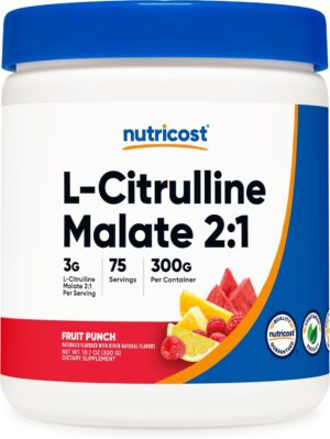 Nutricost L-Citrulline Malate 2:1 (300g) Fruit Punch - Workout Support, Muscle Performance, Nitric Oxide Booster - Fitness Supplement Powder, 75 Servings