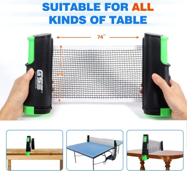 GSE Games & Sports Expert Adjustable Retractable Ping Pong Net Set & Post. Professional Table Tennis Rackets and Balls, Net with Posts and Storage Bag - Pingpong Paddle and Game Table Accessories.