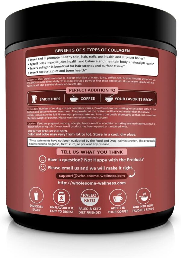 Wholesome Wellness Multi Collagen Protein Powder Hydrolyzed (Type I II III V X) Grass-Fed All-in-One Super Bone Broth + Peptides - Premium Blend of Beef, Chicken, Wild Fish, Eggshell, 58 Servings