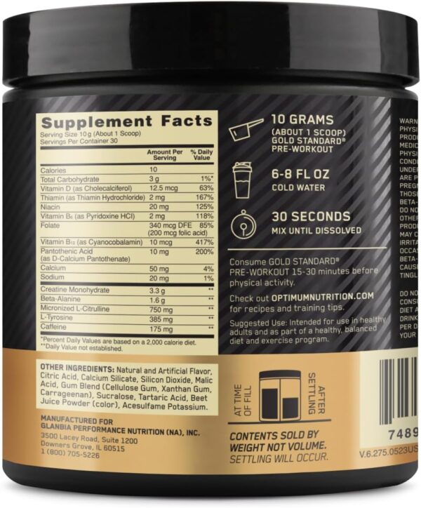 Optimum Nutrition Gold Standard Pre-Workout, Vitamin D for Immune Support, with Creatine, Beta-Alanine, and Caffeine for Energy, Keto Friendly, Watermelon Candy, 30 Servings (Packaging May Vary)