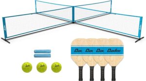 Baden 4 Square Pickleball Portable Net Set - 20' x 20' Nets & Posts, 3 Balls, 4 Wood Paddles, 2 Pieces of Chalk, & 1 Durable Bag