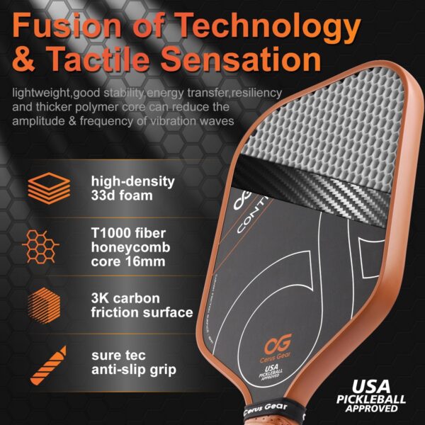 Pickleball Paddles Pro | 4-Layer T1000SC Raw Carbon Fiber Pickleball Paddle with 16MM Reinforced Polymer Honeycomb Core | Thermoformed Pickle Ball Racket | Max 3K Spin & Control | USAPA Approved