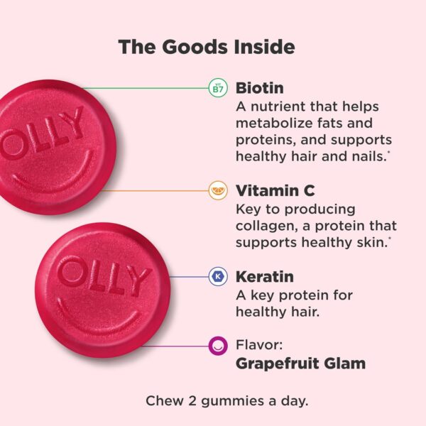 OLLY Undeniable Beauty Gummy, For Hair, Skin, Nails, Biotin, Vitamin C, Keratin, Chewable Supplement, Grapefruit, 30 Day Supply - 60 Count