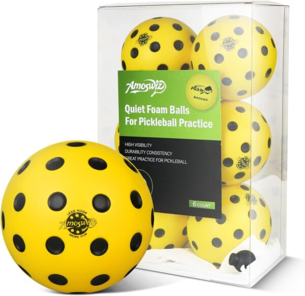 Silent Pickleball Balls, 6 Pack of Quiet Foam Ball for Indoor & Outdoor Pickle Ball Practice, Noise Reducing Soft Pickleball Practice Balls with 40 Simulated Concave Holes