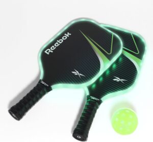 Reebok - LED Pickleball Set for 2, Includes 2 Fiberglass Paddles with 5" Cushion Grip and 2 Light-Up Balls, Perfect for Night Play (Red)