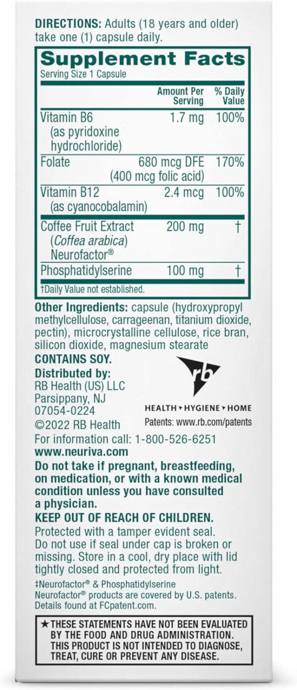 NEURIVA Plus Brain Supplement for Memory and Focus Clinically Tested Nootropics for Concentration for Mental Clarity, Cognitive Enhancement Vitamins B6, B12, Phosphatidylserine 30 Capsules
