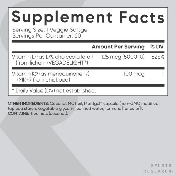 Sports Research® Vegan D3 5000iu with Vitamin K2 100mg - Formulated with Coconut MCT Oil - Vegan Certified, Soy & Gluten Free - 60 Softgels