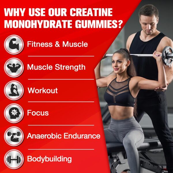 Creatine Monohydrate Gummies for Men & Women - Creatine Pre-Workout Gummies with Taurine & Vitamin B6 B12 for Maximum Strength, Muscle, Energy, Endurance & Focus, Organic, Vegan - 120 Count