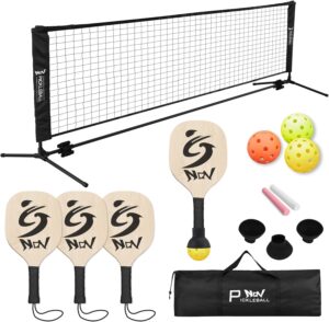NQV Pickleball Set with Net,10FT Half Court Size Pickleball Net Portable Outdoor Indoor Driveway Home+4 Wood Paddles+4 Pickle Balls+4 Ball Retrievers, Pickleball Set for Adults Kids Beginners Pros