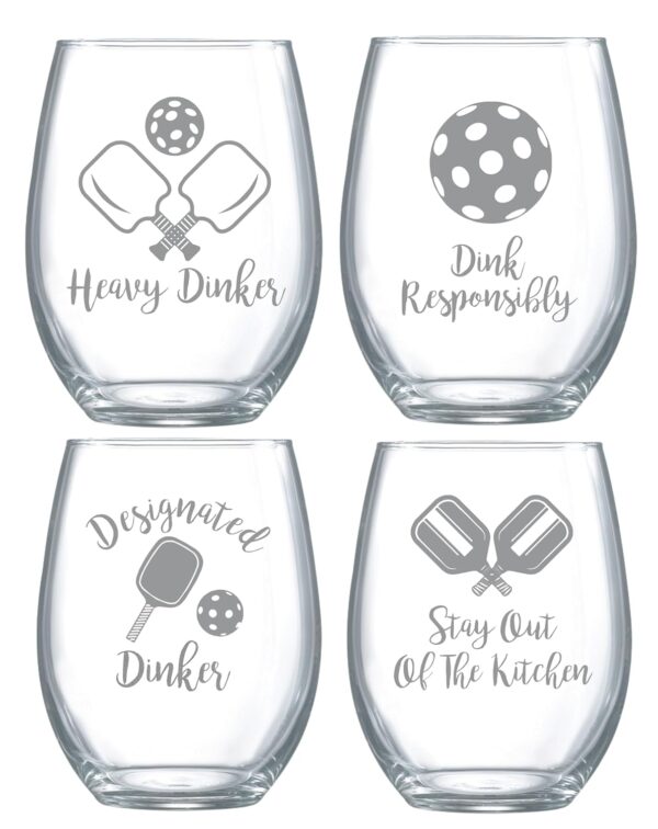 Funny Pickleball Gift Idea - Laser-Etched Design "Set of 4 Pickleball Wine Glasses" - 18oz Pickleball Wine Glass - Perfect Gift for Pickleball Lovers - Gift Boxed